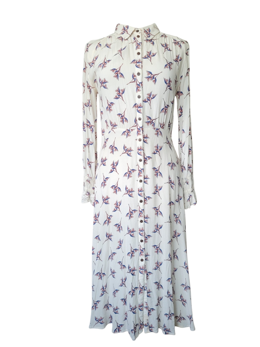 BA&SH Floral Button-Front Maxi Dress Off-white Modest Long Sleeves Size 8